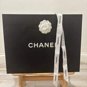 Chanel Large Black Paper Shopping Bag with Camellia and Ribbon